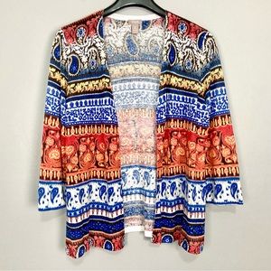 Chico’s Linen Blend Tribal Cardigan Women’s Sz L Open Front Lightweight Bohemian